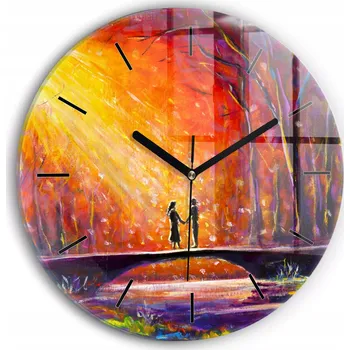 Hodiny Moderní skleněné nástěnné hodiny s potiskem Pár v lese kulatý průměr 30 cm