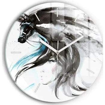Hodiny Moderní skleněné hodiny s grafikou na zeď Abstrakce kůň a žena fi30 cm