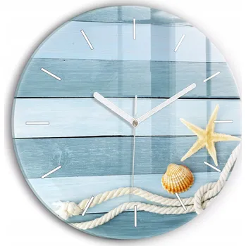 Hodiny Moderní skleněné foto hodiny na zeď Prkna pruhy a mušle kulatý průměr 30 cm