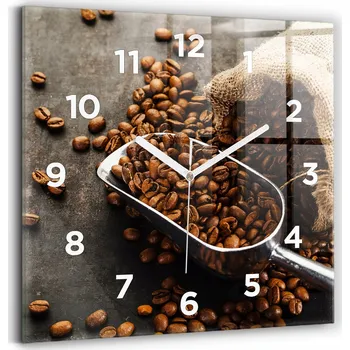 Hodiny Minimalistické skleněné nástěnné hodiny s motivem pytle kávových zrn 30x30 cm