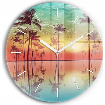 Hodiny Moderní skleněné hodiny s grafikou na zeď Tropické palmy kulatý průměr 30 cm