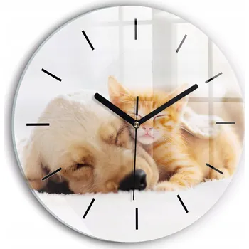 Hodiny Minimalistické Skleněné Nástěnné Hodiny s Grafikou Spící kočka a pes průměr 30 cm