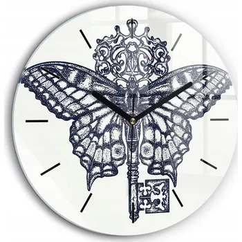 Hodiny Moderní skleněné nástěnné hodiny Motýl a klíč – boho styl kulatý průměr 60 cm