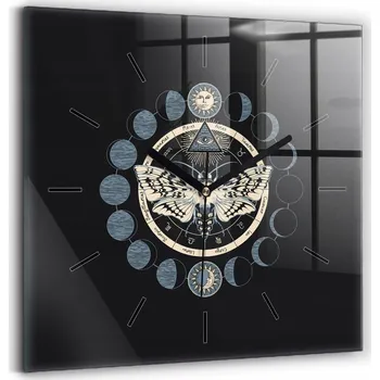 Hodiny Čtvercové Skleněné Nástěnné Hodiny do Kanceláře s Grafikou Fáze Měsíce 30x30 cm