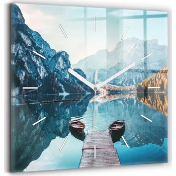 Hodiny Velké nástěnné hodiny z tvrzeného skla s grafikou - Tiché - Lodě na jezeře