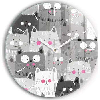 Hodiny Moderní skleněné foto hodiny na zeď s tichým mechanismem - Vzor s kočkami, průměr 30 cm