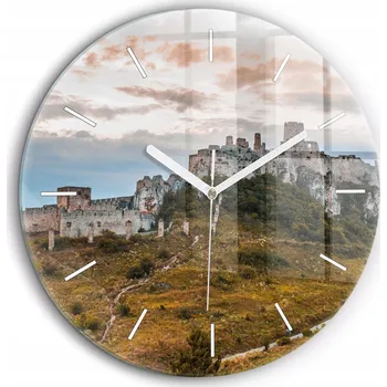 Hodiny Skleněné foto hodiny na zeď Spišský hrad na Slovensku, bílé ručičky, průměr 60 cm