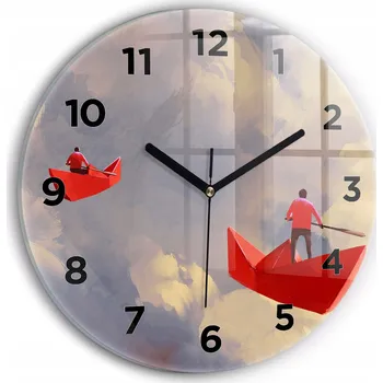 Hodiny Moderní skleněné hodiny s grafikou na zeď Papírové lodě kulatý průměr 30 cm
