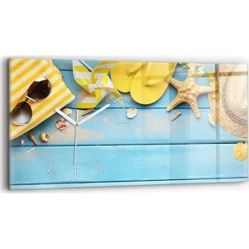 Hodiny Minimalistické skleněné nástěnné hodiny s grafikou Plážové doplňky 60x30 cm