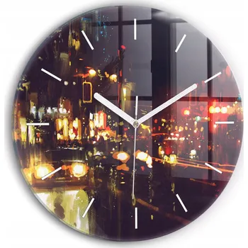 Hodiny Čtvercové Skleněné Nástěnné Hodiny do Kanceláře s Grafikou Malované Město fi30 cm