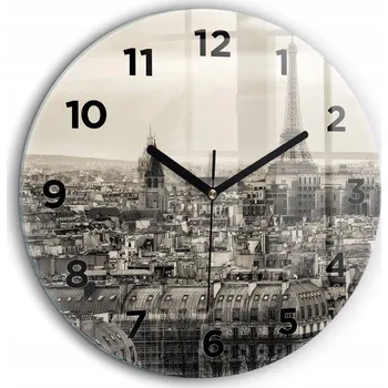 Hodiny Kulatý Skleněné Nástěnné Hodiny do Obýváku s Grafikou Panorama Paříže průměr 60 cm