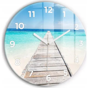 Hodiny Moderní skleněné hodiny s grafikou na zeď Tropický ostrov kulatý průměr 30 cm