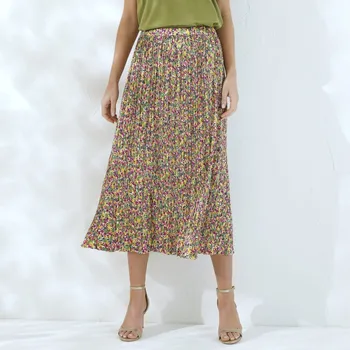 Dámská móda Plisovaná saténová midi sukně s potiskem khaki/purpurová 44