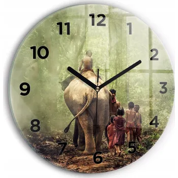 Hodiny Moderní skleněné hodiny s grafikou na zeď Děti vedou slona pr. 30 cm