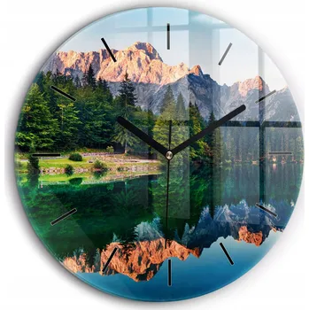 Hodiny Moderní skleněné nástěnné hodiny Krajina jezera černé ručičky průměr 60 cm