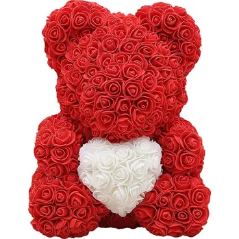 umělá květina Medvídek z růží se srdcem 25 cm - červený - MN9408
