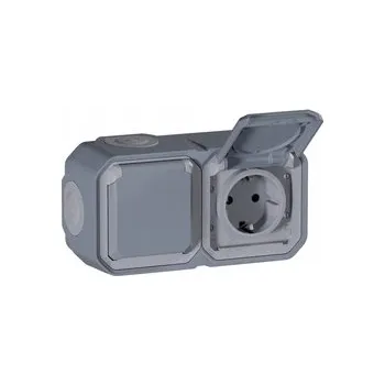 Elektrická zásuvka Plexo Dvojitá zásuvka Schuko 2x2P+Z horizontální, povrchová montáž ŠEDÁ Legrand 069742L