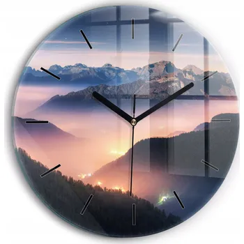 Hodiny Moderní skleněné nástěnné hodiny s potiskem Horská krajina, průměr 30 cm