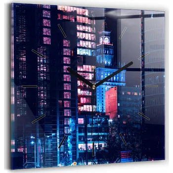 Hodiny Velké nástěnné hodiny z tvrzeného skla s grafikou – Tichá Varšava v noci 30x30 cm