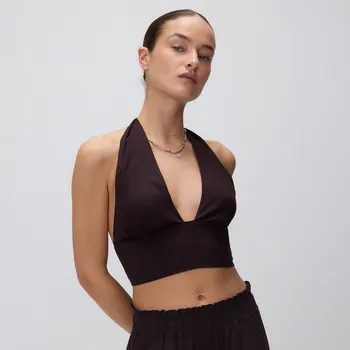 Dámské oblečení Reserved - Top s příměsí lnu - tmavě hnědá - 592EG-89X - 592EG-89X-S