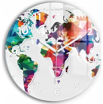 Hodiny Moderní skleněné nástěnné hodiny s potiskem Mapa světa trojúhelníky průměr 30 cm