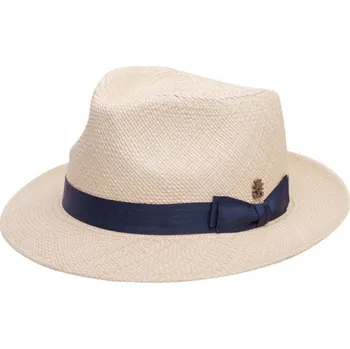 Klobouk Mayser Luxusní panamský klobouk Fedora Bogart s modrou stuhou - ručně pletený, UV faktor 80 - Pablito Velikost: 61 cm (XL)