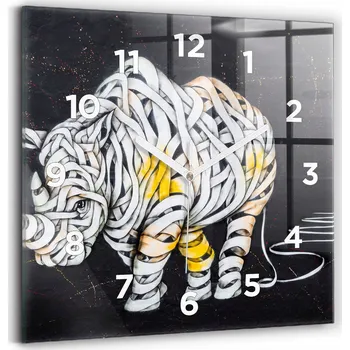 Hodiny Čtvercové Skleněné Nástěnné Hodiny s Grafikou Abstraktní Nosorožec 30x30 cm