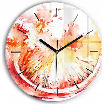 Hodiny Minimalistické skleněné nástěnné hodiny s malovaným vzorem pomeranč průměr 30 cm