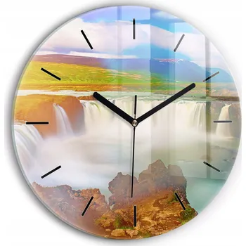 Hodiny Moderní skleněné nástěnné hodiny s potiskem Godafoss, Island, průměr 30 cm