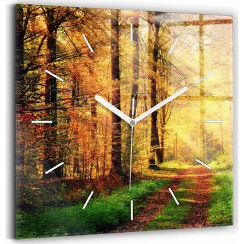 Hodiny Skleněné nástěnné hodiny do kanceláře se vzorem podzimní lesní scenérie 30x30 cm