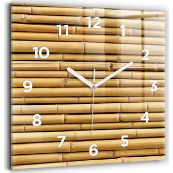 Hodiny Čtvercové Skleněné Nástěnné Hodiny do Kanceláře s Grafikou Bambusové Tyče 30x30 cm