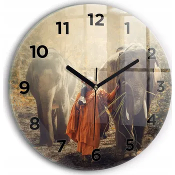 Hodiny Čtvercové Skleněné Nástěnné Hodiny s Grafikou Mnich vedoucí slony fi30 cm
