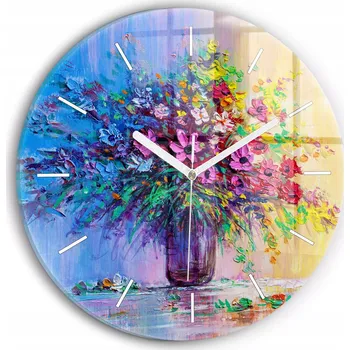 Hodiny Moderní skleněné hodiny s grafikou na zeď Květiny ve váze kulatý průměr 30 cm