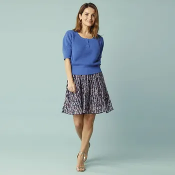 Dámská móda Krátká rozšířená sukně s potiskem, pro menší postavu nám. modrá/režná 46/48
