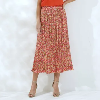 Dámská sukně Plisovaná saténová midi sukně s potiskem oranžová/růžová 36