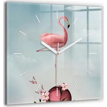 Hodiny Čtvercové Skleněné Nástěnné Hodiny se Surrealistickým Vzorem plameňák 60x60 cm