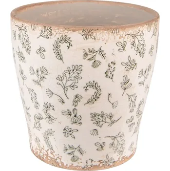 Obal na květináč Béžový antik keramický obal na květináč se zelenými květy L – 17x16 cm