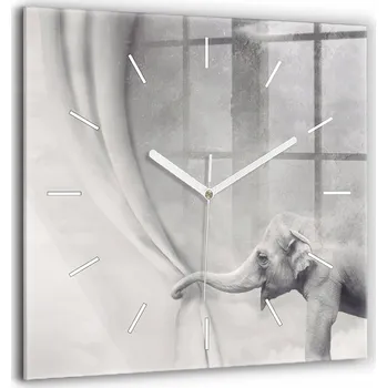 Hodiny Minimalistické Skleněné Nástěnné Hodiny se Stylovým Potiskem Slon 60x60 cm