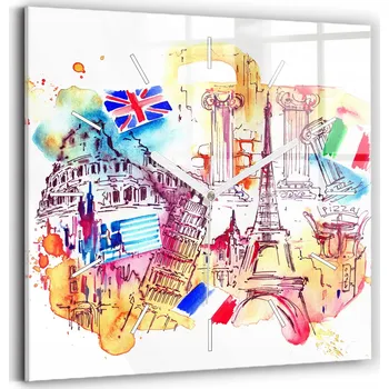 Hodiny Minimalistické Skleněné Foto Hodiny na Zeď Atraktivní kraje světa 30x30 cm