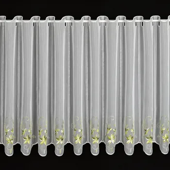 Voálová vitrážová záclona 40323/80, vyšívané zelené květiny na bílé, výška 45cm (v metráži)