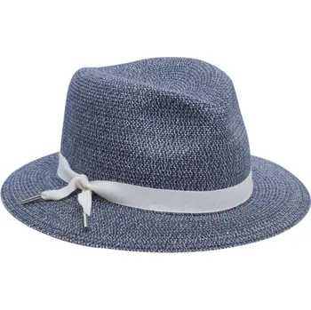 Klobouk Luxusní dámský nemačkavý modrý klobouk s bílou stuhou Fedora - Mayser Nane - UV faktor 80 Velikost: 59 cm (L)
