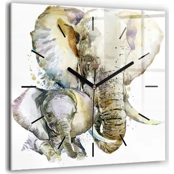 Hodiny Skleněné nástěnné hodiny do kanceláře s grafikou Malované sloni, 60x60 cm