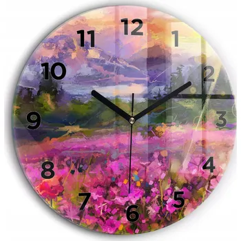 Hodiny Foto hodiny nástěnné Louka při západu slunce černé ručičky kulatý fi60 cm