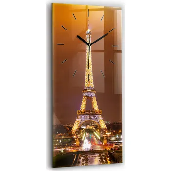 Hodiny Skleněné nástěnné hodiny do kanceláře s motivem Osvětlená Eiffelova věž 30x60 cm