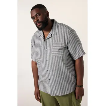 Pánská košile STHUGE, Plus size STHUGE pruhovaná košile, lněná směs, krátké rukávy, Cuba límeček, hranatý střih, do 8XL pro plnoštíhlé nadměrná velikost, 836909130-1456, modrý, 7XL, Plus size oblečení, Oblečení pro vysoké muže, Nadměrné velikosti, Oblečení pro plnoštíh