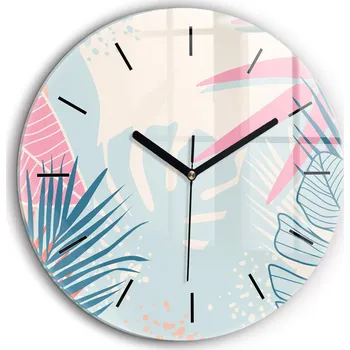 Hodiny Skleněné nástěnné hodiny do kanceláře s grafikou Pastelové listy – tropy průměr 60 cm