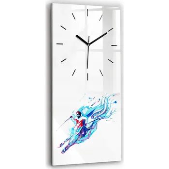 Hodiny Minimalistické Vertikální Skleněné Nástěnné Hodiny s Grafikou Lyžaře 30x60 cm