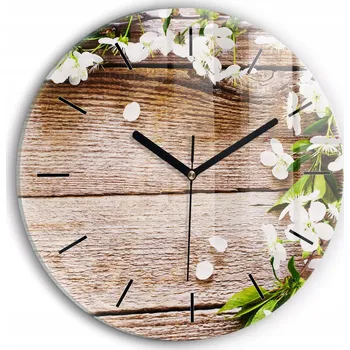Hodiny Minimalistické Skleněné Nástěnné Hodiny s Grafikou Květiny na dřevě fi30 cm