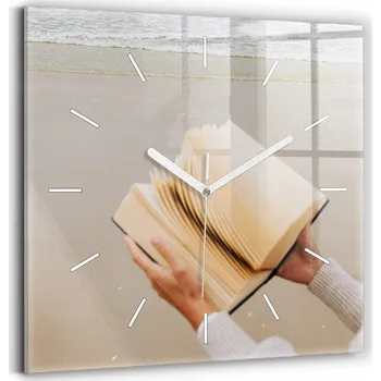 Hodiny Minimalistické skleněné nástěnné hodiny s motivem Chvilka s knihou 30x30 cm