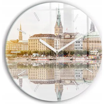 Hodiny Moderní skleněné nástěnné hodiny s potiskem Řeka Hamburk Německo průměr 30 cm